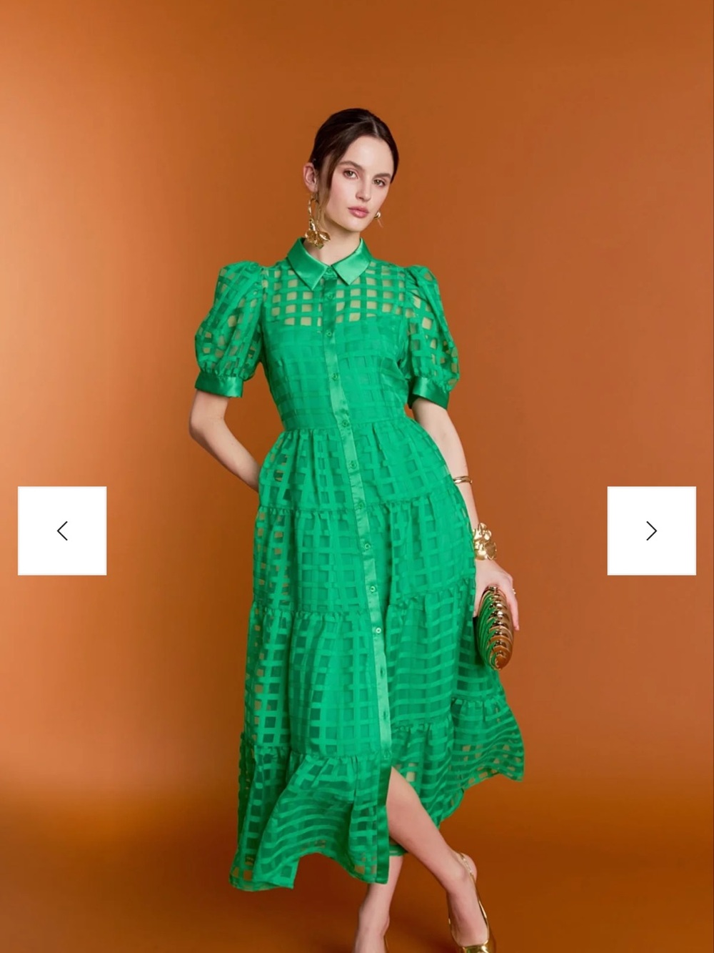 English Factory Green Checkered Puff-Sleeve Midi Dress